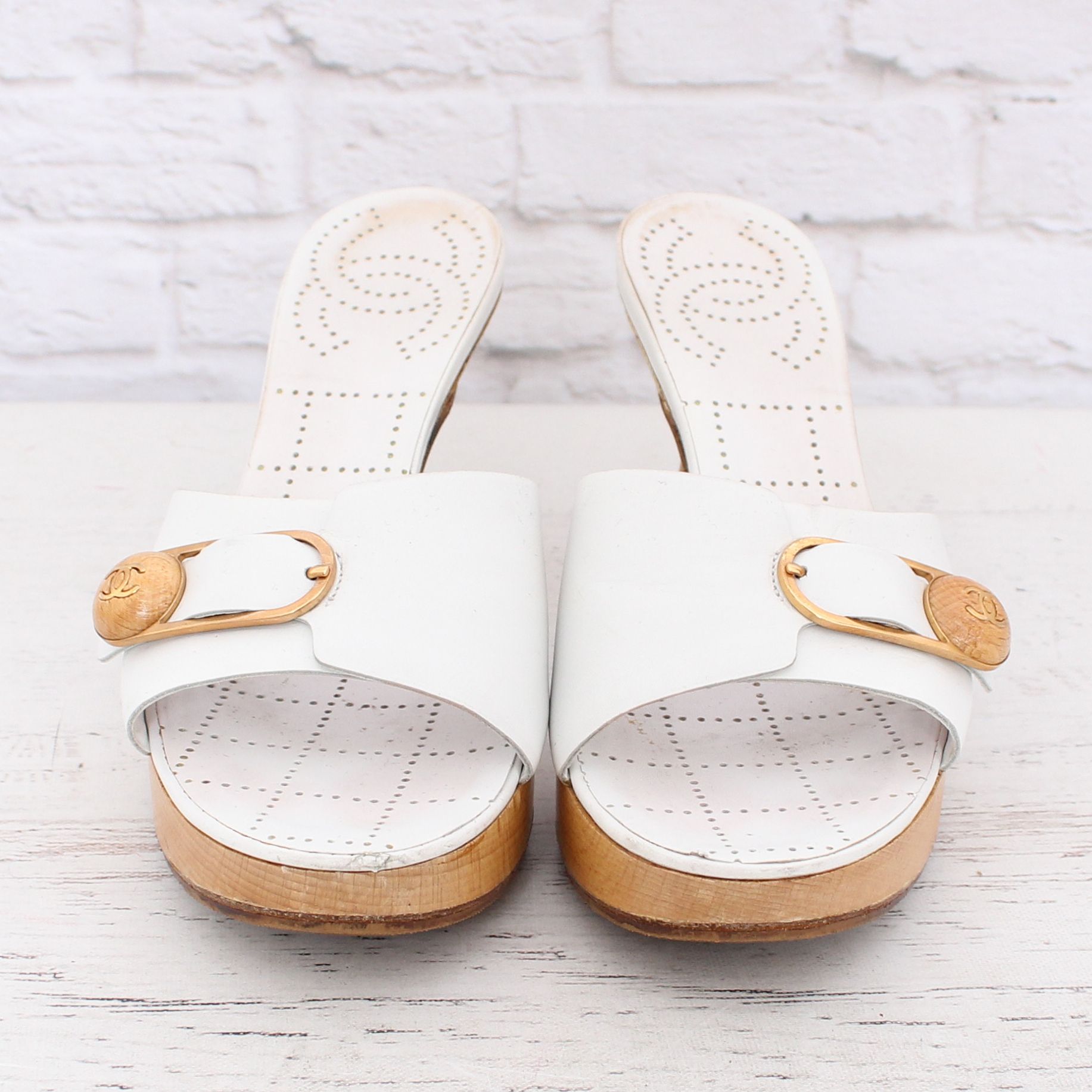 Chanel CC Perforated Leather Cork Wedge Mules